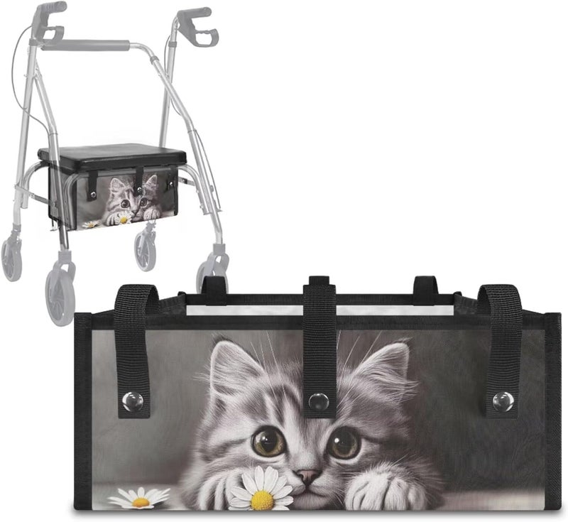LedBack Cute Gray Cat Rollator Cover Universal Rollator Walker Seat and Backrest Covers Walker Accessories Sets for Seniors Underseat Pouch Tote for Rolling Walkers - Image 3